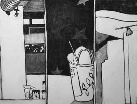 Starbucks Night; 
2017; charcoal on paper, 18 x 24"